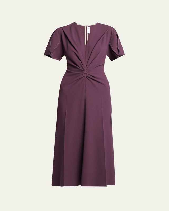 Gathered V-Neck Wool Midi Dress